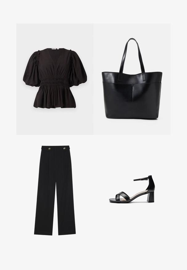 Black puff-sleeve top with a deep V-neck, gathered waist, and flared hem. Made from lightweight fabric with a smooth texture.; Black wide-leg trousers with high waist, button details on waistband, and front pleats.; Black open-toe heeled sandal with crossed straps, adjustable ankle strap, and a chunky heel, featuring a smooth leather texture.; Black leather tote bag with two long handles, a smooth texture, and a structured shape. Features a front pocket for additional storage.