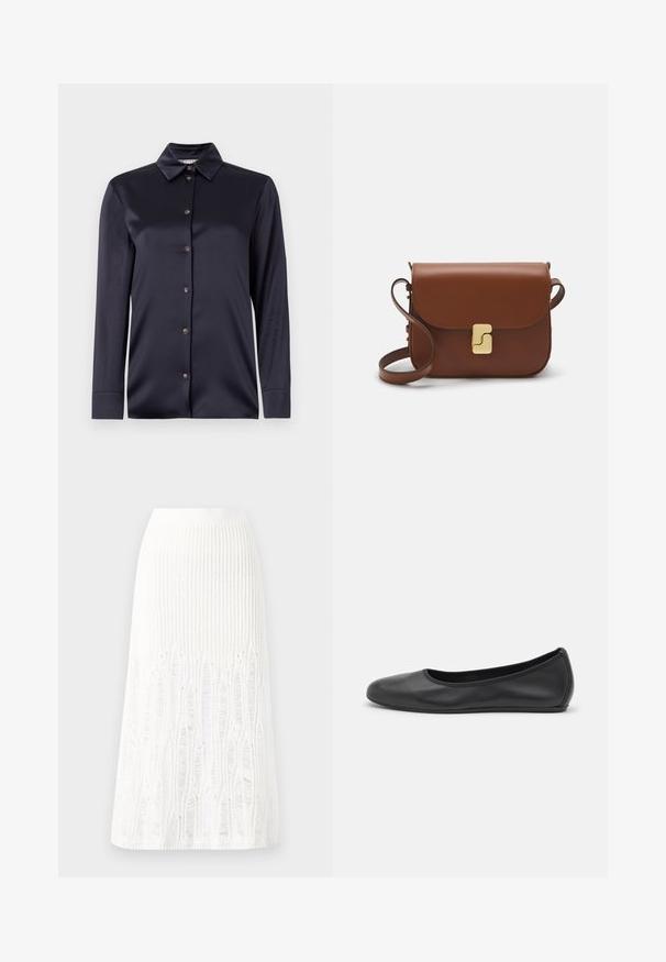 Camicia in satin blu navy con maniche lunghe, colletto classico, chiusura frontale con bottoni e texture liscia. Presenta un leggero lucido e una vestibilità su misura.; T-shirt bianca a maniche corte realizzata in tessuto a costine. Collo rotondo, vestibilità regolare e dettagli di cucitura sottili. Senza motivi o grafiche.; Gonna midi bianca in maglia con un motivo testurizzato a righe verticali e dettagli a taglio vicino all'orlo. Vita elasticizzata. Materiale morbido.; Pantofole da balletto nere in pelle con punta arrotondata, texture liscia, dettagli di cucitura minimi e design con suola flessibile.; Borsa a tracolla in pelle marrone con chiusura a pattina, hardware color oro, tracolla e una finitura liscia. Forma rettangolare compatta.