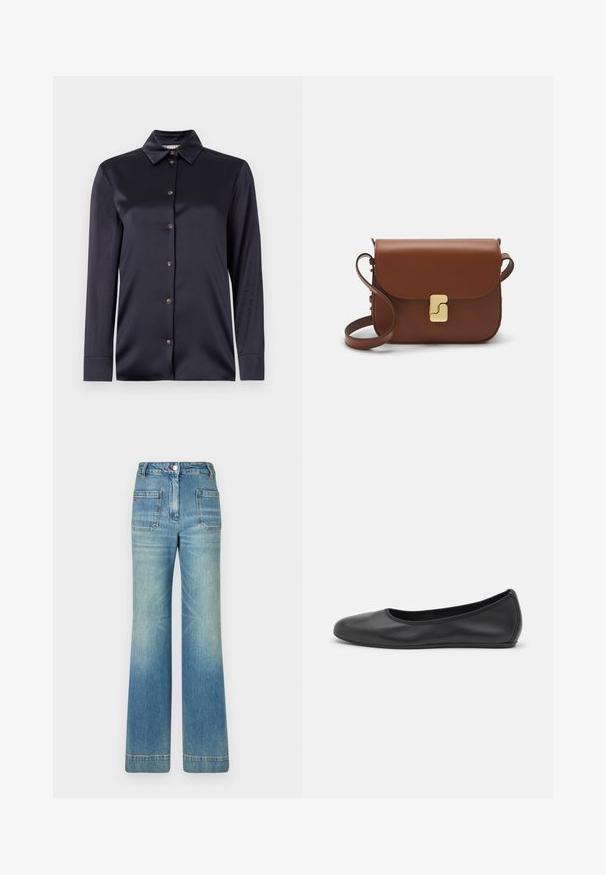 Tamsiai mėlynas atlasinis marškinis ilgomis rankovėmis su klasikiniu apykaklės dizainu, priekyje užsegamas mygtukais ir lygia tekstūra. Pasižymi subtiliu blizgesiu ir pritaikytu siluetu.; Balta trumpa rankovėmis marškinėliai, pagaminti iš pasiruošusio audinio. Apvali iškirptė, reguliari tinkamumas ir subtilūs siuvimo detalės. Be raštų ar grafikos.; Šviesiai mėlynos džinsinės platėjančios kelnės su penkiomis kišenėmis, diržo kilpojais, mygtuko uždarymu ir šiek tiek nusidėvėjusia struktūra, su raudonu logotipo akcentu ant nugaros.; Juodai odiniai baletai su apvaliu pirštu, lygi texture, minimalus siuvimo detales ir lanksčiu padų dizainu.; Ruda odinė rankinė su uždaromu dangteliu, aukso spalvos detalėmis, petneša ir lygiu paviršiumi. Kompaktiška stačiakampio formos.