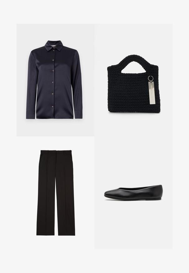 Granatowa satynowa koszula z długim rękawem, posiadająca klasyczny kołnierz, zapięcie na guziki z przodu oraz gładką strukturę. Charakteryzuje się delikatnym połyskiem oraz dopasowanym krojem.; Czarne dopasowane spodnie wykonane z gładkiej tkaniny, charakteryzujące się prostymi nogawkami i dwoma bocznymi kieszeniami. Elegancka i minimalistyczna konstrukcja.; Paul Smith TOPANGA czarny; Won Hundred MARSIELLE UNISEX czarny