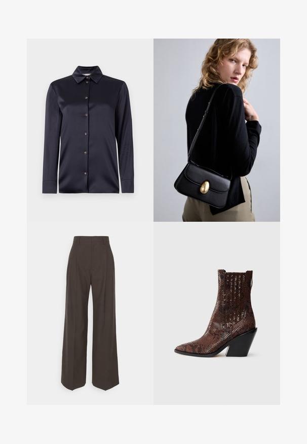 Tumedat sinise satiinist pikkade varrukatega särk klassikalise kraega, ees nupulukuga ja siledast materjalist. Omab peent läiget ja kohandatud lõiget.; Tumepruunid lai jalad püksid kõrge vöökohaga, millel on korralikult pressitud kortsud, sile tekstuur ja täpselt sobiv lõige.; Pruuni madude mustriga pahklai saabas terava varbaga, tekstuuriga pind ja must, paks konts. Üksikasjades on ribakujundus ülaosas.; Mustad musta nahast käekott, millel on kõver kuju, silmapaistva kuldse ovaalse kinnise, reguleeritava rihma ja minimalistliku disainiga.