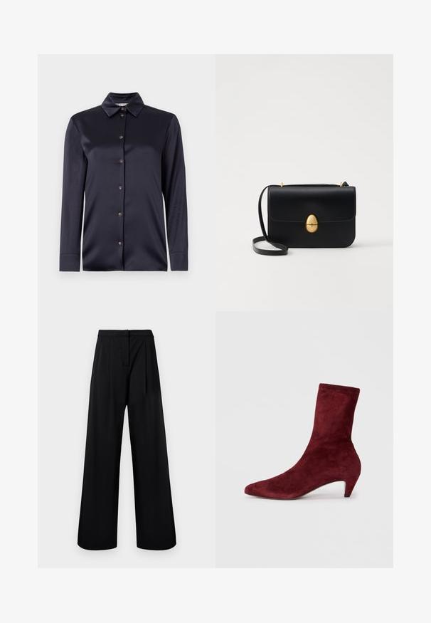 Camicia in satin blu navy con maniche lunghe, colletto classico, chiusura frontale con bottoni e texture liscia. Presenta un leggero lucido e una vestibilità su misura.; Pantaloni neri a gamba larga realizzati in tessuto liscio, dotati di vita alta e dettagli plissettati. Nessun abbellimento o motivo visibile.; Stivaletto in suede bordeaux con punta affusolata e tacco basso. Texture liscia e design aderente senza hardware o motivi visibili.; Borsa a tracolla in pelle nera con forma rettangolare strutturata. Presenta una chiusura ovale dorata e una sottile tracolla. Texture liscia.