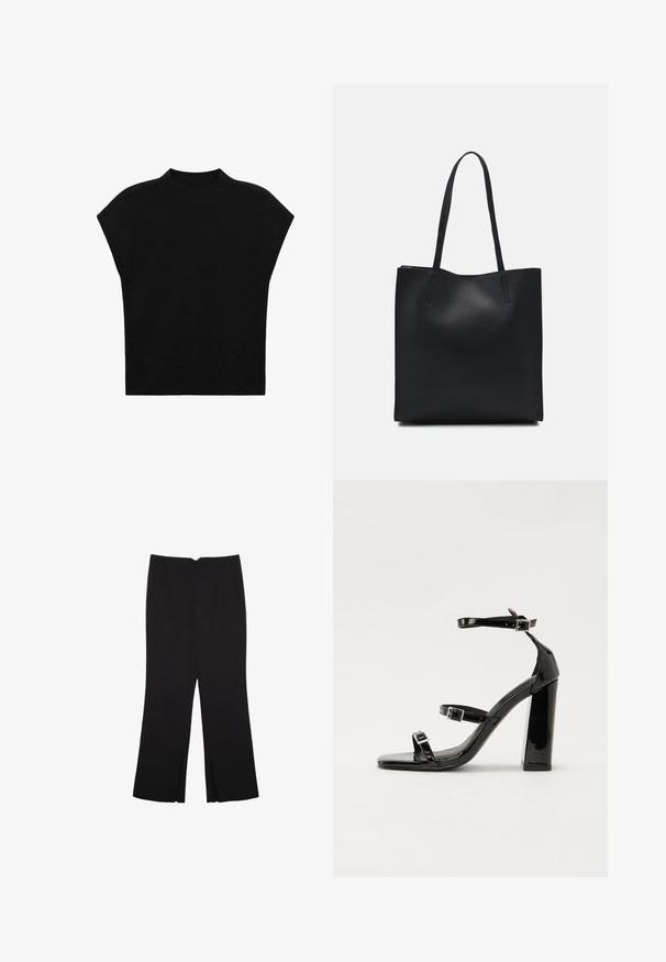 Sort strikket top med høj ribbet hals og korte, brede ærmer. Stoffet har en glat, blød tekstur uden mønstre.; Sorte bukser med lige pasform, der har frontlommer og slidser i kanten. Lavet af blødt, glat stof. Velegnet til forskellige anledninger.; Sorte patenterede hælsandaler med firkantet tå, ankelremme og sølvspænder. Har en chunky blokHæl for stabilitet.; Sort læder tote taske med glat tekstur, rektangulær form og to lange hanke. Ingen synlig hardware eller udsmykninger.