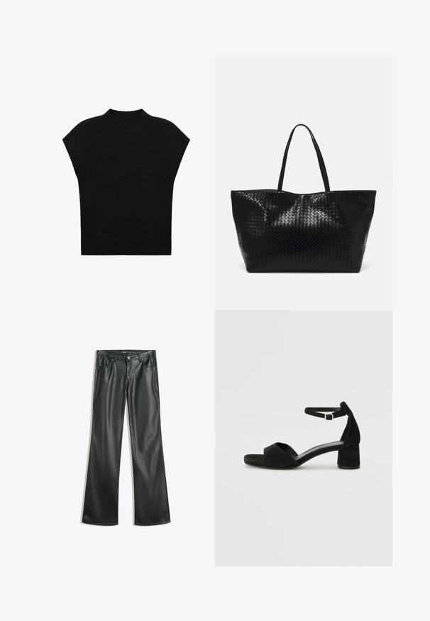 Sort strikket top med høj ribbet hals og korte, brede ærmer. Stoffet har en glat, blød tekstur uden mønstre.; Sorte faux læder flare bukser med en glat tekstur, fem-lomme design, lynlås foran og kontrasterende syninger.; Sorte ruskind hælede sandaler med en tynd ankelsnor, åben tå design og en beskeden blokhæl. Glat tekstur og minimale detaljer.; Sort vævet tote bag med to robuste håndtag, der har en blank overflade og et rummeligt åbent top design.