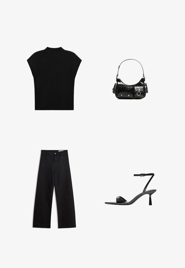 Črn pleteni top z visokim, rebrastim ovratnikom in kratkimi, širšimi rokavi. Tkanina ima gladko, mehko teksturo brez vzorcev.; Črne široke denim hlače z visokim pasom, ki imajo sprednje in zadnje žepe, šivane šive ter gumbasto zapiranje. Gladka tekstura.; Bershka Sandali z visoko peto - black; Črna lakasta usnjena torbica s ukrivljeno obliko, enim ramenskim trakom, sprednjimi žepi in srebrnimi kovinskimi dodatki.