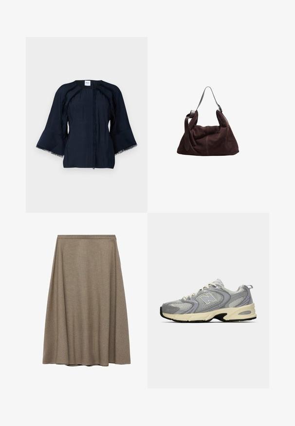 Top blu navy con maniche a tre quarti a campana, caratterizzato da dettagli in frange lungo le cuciture e un collo rotondo. Tessuto leggero con una sottile texture.; Una gonna A-line lunghezza ginocchio realizzata in un tessuto marrone testurizzato con un sottile motivo a quadri, dotata di una cintura liscia e una silhouette drappeggiata.; Scarpa sportiva in mesh grigia con suola crema, dotata di collare imbottito, lacci bianchi e un logo sottile sul lato. Accentuata da dettagli in lilla chiaro.; Borsa a spalla hobo in suede marrone scuro con ampia tracolla in pelle regolabile e corpo morbido e sformato su sfondo bianco.; Orecchini in metallo argentato con forma a goccia liscia e finitura lucida. Incisioni sottili aggiungono dettagli. Design minimalista.