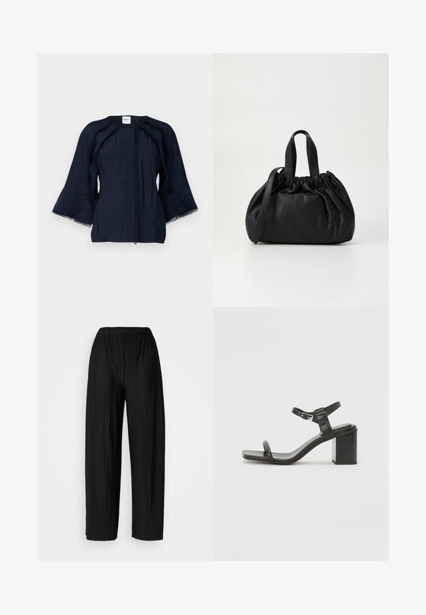 Námořnické modré tričko s tříčtvrtečními zvonovými rukávy, které má třásně podél švů a kulatý výstřih. Lehce textilní látka s jemnou strukturou.; Černé široké kalhoty se sklady a elastickým pasem. Tkanina má vertikální sklady a hladkou texturu.; Černé kožené sandály na blokovém podpatku s širokým páskem přes prsty a nastavitelným popruhem kolem kotníku, vyznačující se elegantním, minimalistickým designem.; Černá kožená kabelka s designem staženého vršku, která má dvě krátké ucha a dlouhý nastavitelný popruh. Hladký povrch, zaoblený tvar.