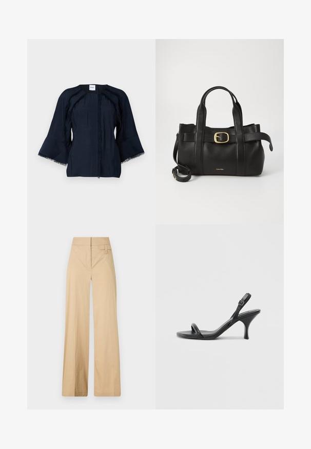 Marineblaues Oberteil mit drei Viertel-Glöckchenärmeln, das Fransenverzierungen an den Nähten und einen runden Halsausschnitt bietet. Leichter Stoff mit subtiler Textur.; Beige weite Hosen aus Baumwollmischgewebe. Sie haben eine glatte Textur, einen elastischen Bund und eine seitliche Knopfdetail.; Schwarze Leder-Sandalen mit hohen Absätzen, schlankem, gebogenem Absatz und gekreuztem Riemendesign. Verstellbarer Knöchelriemen. Glatte Textur.; Schwarze Lederhandtasche mit strukturiertem Design, doppelten oberen Griffen, goldfarbenem Schnallenakzent und geprägtem Markenlogo auf der Vorderseite.