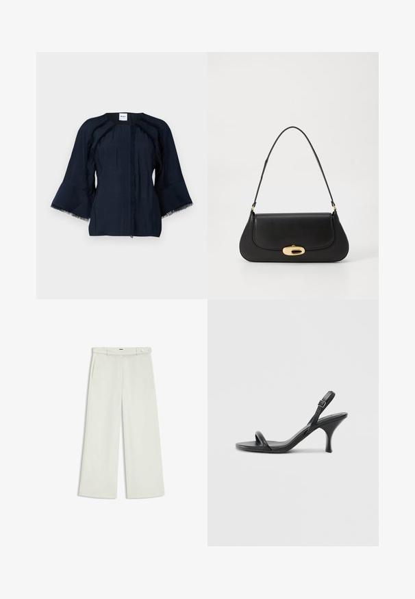 Marineblaues Oberteil mit drei Viertel-Glöckchenärmeln, das Fransenverzierungen an den Nähten und einen runden Halsausschnitt bietet. Leichter Stoff mit subtiler Textur.; Weite Hose aus zartem Creme-Stoff, mit seitlichen Taschen, flatem Bund und einer Knopfverschluss an der Taille. Glatte Textur.; Schwarze Leder-Sandalen mit hohen Absätzen, schlankem, gebogenem Absatz und gekreuztem Riemendesign. Verstellbarer Knöchelriemen. Glatte Textur.; Schwarze Lederhandtasche mit geschwungenem Design, Beschlägen in Goldfarbe und einem oberen Griff. Verfügt über einen eleganten Verschluss und eine glatte Textur.
