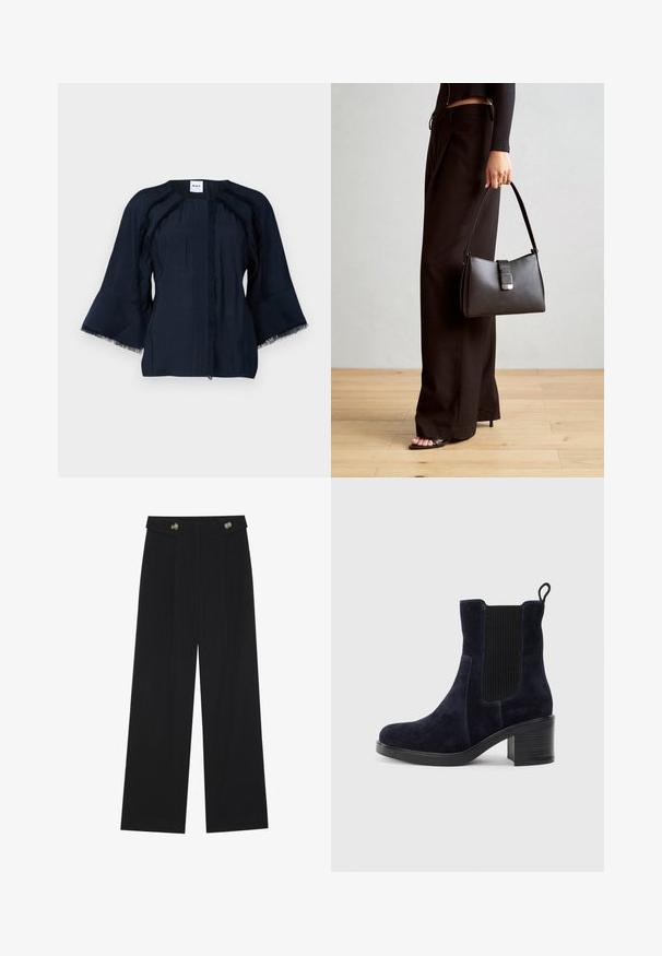 Top azul marino con mangas de campana tres cuartos, que presenta detalles de flecos a lo largo de las costuras y un cuello redondo. Tejido ligero con textura sutil.; Pantalones de pierna ancha negros con cintura alta, detalles de botones en la cinturilla y pliegues en la parte delantera.; Botín de ante azul marino con panel lateral elástico, puntera redondeada y tacón de bloque. La tela texturizada y la suela lisa añaden contraste.; Bolso negro con forma estructurada, textura suave y un cierre metálico. Combinado con pantalones anchos negros y sandalias de dedo en un suelo de madera.