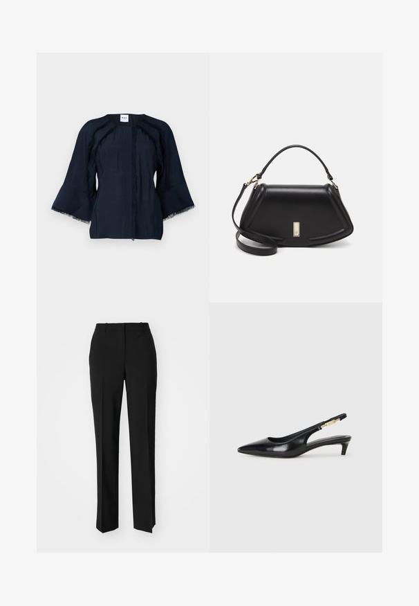 Haut bleu marine avec des manches cloche trois-quarts, featuring des franges le long des coutures et un col rond. Tissu léger avec une texture subtile.; Pantalon noir ajusté avec une coupe droite, présentant une texture lisse et des plis nets sur le devant. Aucune quincaillerie visible.; Talons hauts en cuir noir avec un bout pointu, dotés d'un talon fin et d'un accent en ton or sur la lanière réglable. Texture lisse.; Sac à main en cuir noir avec un design structuré, featuring une forme cropped, une poignée supérieure et des accents en matériel doré. Bandoulière réglable incluse.