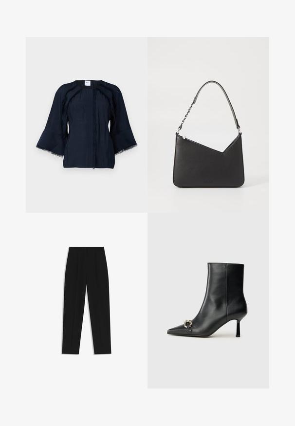 Top blu navy con maniche a tre quarti a campana, caratterizzato da dettagli in frange lungo le cuciture e un collo rotondo. Tessuto leggero con una sottile texture.; Pantaloni neri a taglio dritto, con doppie pieghe, una texture liscia e un design classico in vita. Nessun hardware o dettaglio visibile.; Stivale alla caviglia in pelle nera con punta affusolata, tacco sottile di media altezza e dettaglio in fibbia argentata sul lato, su sfondo semplice.; Borsa a mano in pelle nera con forma triangolare, una tracolla sottile e accessori in argento. Presenta una chiusura con zip e un logo impresso sul davanti.