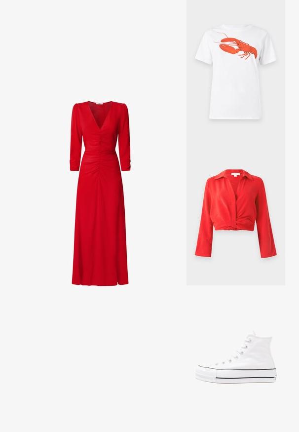 Sarkans apgriezts blūze ar iegrieztu apkakli, garām piedurknēm un savītu priekšpusi. Izgatavota no vieglas, teksturētas auduma.; Balta kokvilnas T-krekls ar lielu, spilgti sarkanu omāru grafiku uz priekšu. Īsas piedurknes un standarta apļveida kakla dizains.; Sarkana kleita ar V veida kakla izgriezumu, trīs ceturtdaļu piedurknēm un ruched detaļām viduklī un mugurā. Audums izskatās gluds un viegls.; Balti augstie kanvas sporta apavi ar melnu gumijas zoli, priekšējo gumijas purngalu un sešām acīm lencēm, kuriem ir tīrs, minimālistisks dizains.; Sarkans ādas rokassomi ar stūrainu, ģeometrisku dizainu. Iekļauj vienu regulējamu siksnu un vāku ar izšūtu detaļu.