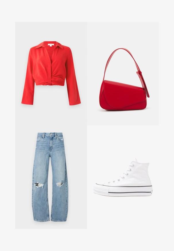 Sarkans apgriezts blūze ar iegrieztu apkakli, garām piedurknēm un savītu priekšpusi. Izgatavota no vieglas, teksturētas auduma.; Gaiši zili, augstās vidukļa džinsi, kas izgatavoti no denima. Iespējas plašas kājas, divas plēstas ceļa daļas un klasiskā piecu kabatu dizains.; Balti augstie kanvas sporta apavi ar melnu gumijas zoli, priekšējo gumijas purngalu un sešām acīm lencēm, kuriem ir tīrs, minimālistisks dizains.; Sarkans ādas rokassomi ar stūrainu, ģeometrisku dizainu. Iekļauj vienu regulējamu siksnu un vāku ar izšūtu detaļu.