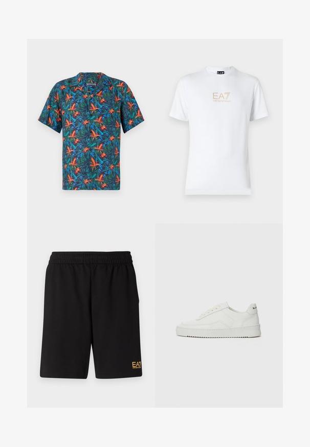 Košeľa s krátkym rukávom s tmavomodrým pozadím a živými tropickými kvetinovými vzormi v oranžovej, zelenej a modrej farbe. Golier s gombíkmi.; Biela bavlnená tričko s okrúhlym výstrihom a krátkymi rukávmi, na prednej strane s potlačou zlatého loga EA7 Emporio Armani.; Čierne športové šortky vyrobené z jemného materiálu, s elastickým pásom a malým žltým logom EA7 na dolnej ľavej nohe.; Biele kožené tenisky s hladkým povrchom, okrúly špičkový dizajn, ploché šnúrky a textúrovaná podrážka. Obsahujú jemné logo na päte.