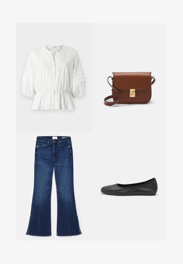 Weiße Bluse mit einem runden Ausschnitt, kurzen Puffärmeln und geraffter Taille. Verziert mit gestickten Blumenmustern und goldenen Knöpfen.; Dunkelblaue, ausgestellte Jeans aus Denim. Mit hoher Taille, vorderen Taschen und Schlitzen am Saum. Klassisches Fünf-Taschen-Design.; Schwarze Leder-Ballettschuhe mit abgerundeter Spitze, glatter Textur, minimalen Nähdetails und einem flexiblen Sohlen-Design.; Braune Ledertasche mit Klappenverschluss, Beschlägen in Goldfarbe, einem Schultergurt und einer glatten Oberfläche. Kompakte rechteckige Form.