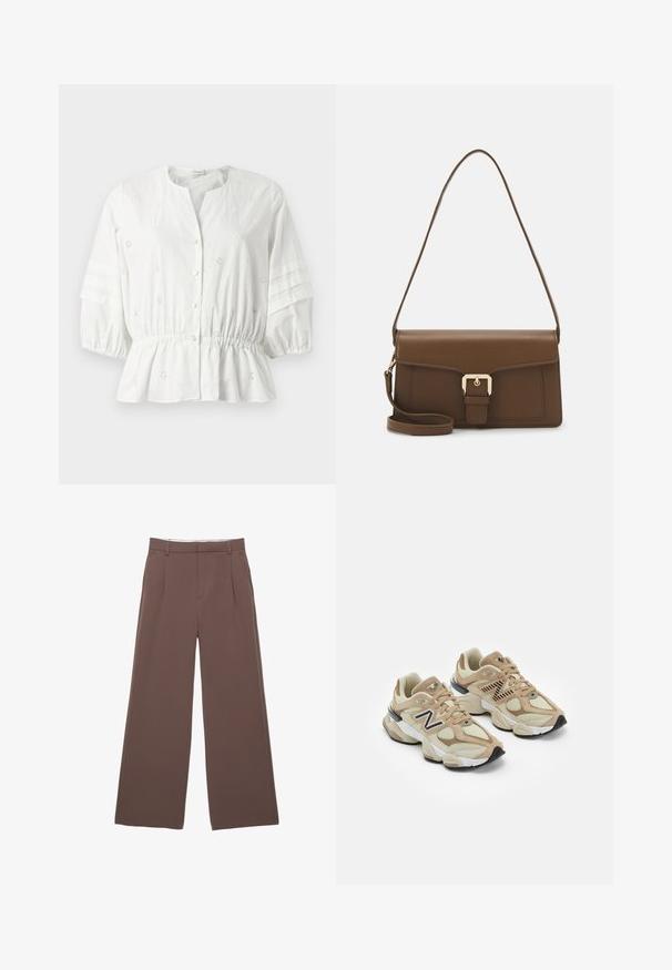 Witte blouse met een ronde halslijn, korte puffmouwen en een gathered taille. Versierd met geborduurde bloemmotieven en gouden knopen.; Wijde broek in een effen bruine stof, met een zachte textuur, voorplooien en een op maat gemaakte tailleband. Geen zichtbare logo's of patronen.; Beige sneakers van mesh en nubuck materialen. Bevat een zwart logo en gegrandeerde accenten. Dikke witte tussenzool en zwarte rubberen buitenzool.; Bruine leren handtas met een rechthoekige vorm, voorzien van een klep aan de voorkant, gouden hardware en een lange, verstelbare strap.