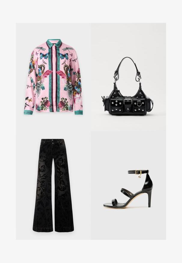 Rozā garām piedurknēm krekls ar pogām, ar tirkīza apkakli un aprocēm, rotāts ar krāsainām tauriņiem, pūķiem, rozēm, spalvām, pērlēm un tirkīza vertikālām svītrām.; Melni plataji samta bikses ar rakstainu virpju dizainu, diviem priekšējiem pogām un klasisku džinsa stila izskatu.; Melnas lakota ādas sandalēs ar trim siksnām, potītes sprādzi un 4 collu stiletto papēdi. Iespējas ar zelta detaļām un logotipa piekariņu.; Melnas ādas rokturmais ar izliekumu, ar sudraba iedurtiem, sprādzi un divām sānu kabatām. Regulējams siksniņas garums dažādām nēsāšanas iespējām.