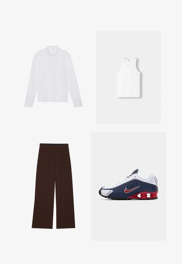 Cămașă albă cu mânecă lungă, cu guler ascuțit, închidere cu butoane pe față și mansete rotunjite, prezentând o textură de țesătură netedă și moale.; Top din bumbac alb, cu decolteu rotund, bretele late și margine dreaptă, având o textură fină și fără modele vizibile.; Pantaloni maro, cu picioare largi, cu pliuri. Realizați dintr-un material neted, având o talie cusută și buzunare laterale. Tiv plat la baza.; Adidaș alb și bleumarin cu accent roșu, panouri din plasă, guler căptușit și un design distinctiv al tălpii cu unități de amortizare vizibile.