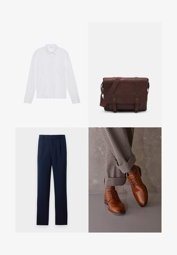 White long-sleeve shirt with a pointed collar, front button closure, and rounded cuffs, featuring a smooth, soft fabric texture.; Navy blue trousers made of smooth fabric, featuring a single button closure, pleats, and straight legs. Minimalist design with no notable patterns.; Brown leather shoes feature a rounded toe, five eyelet lace-up design, and contrasting dark laces. Pants are plaid, rolled at the cuffs.; Brown leather messenger bag with a flat front flap, two straps, gold hardware accents, and an adjustable shoulder strap.