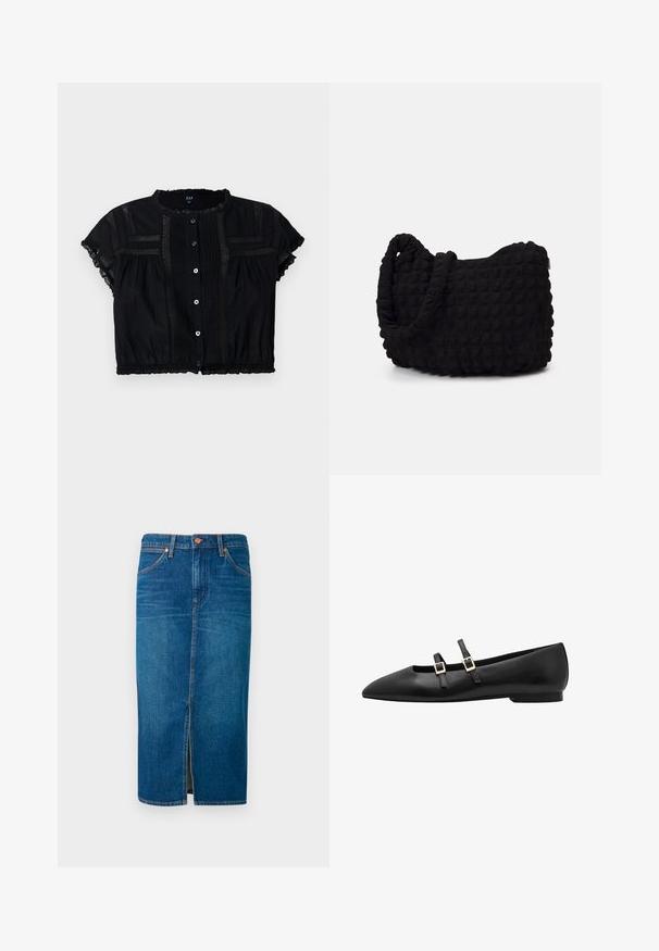 Blusa cropped preta com mangas curtas, apresentando detalhes em renda, botão na frente e pregas no corpete e nas mangas.; Saia midi de ganga em azul profundo com uma abertura frontal, design de cinco bolsos, costura laranja e uma cintura segura com dois botões de metal.; Sapato plano preto em couro com bico pontiagudo, apresentando duas tiras pretas e fivelas quadradas douradas. Textura suave e sola de perfil baixo.; Saco de tecido preto com um padrão texturizado e acolchoado. Forma arredondada, alças curtas e grossas, e uma estrutura macia e flexível.