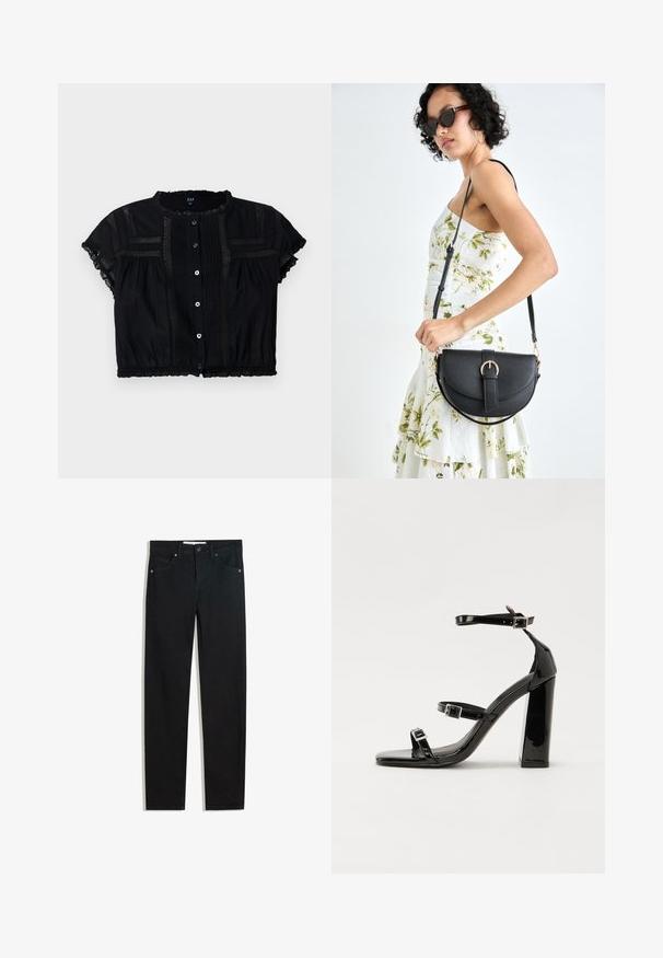 Fekete, rövid ujjú, cropped blúz, csipke díszítéssel, gombos elülső résszel, valamint redőzött részletekkel a mellen és az ujjakon.; Fekete farmernadrág egyenes szárú fazonnal, öt zsebbel, fémből készült gombzárral és diszkrét varrási részletekkel. Sima textura.; Fekete lakk magas sarkú szandál két csatos pánttal, négyzet alakú orral és tömzsi blokk sarokkal, sima, fényes felülettel.; Fekete bőrtáska ívelt formával, levehető pánttal és arany színű fémrészekkel. A táskán egy csattal díszített fedél található.