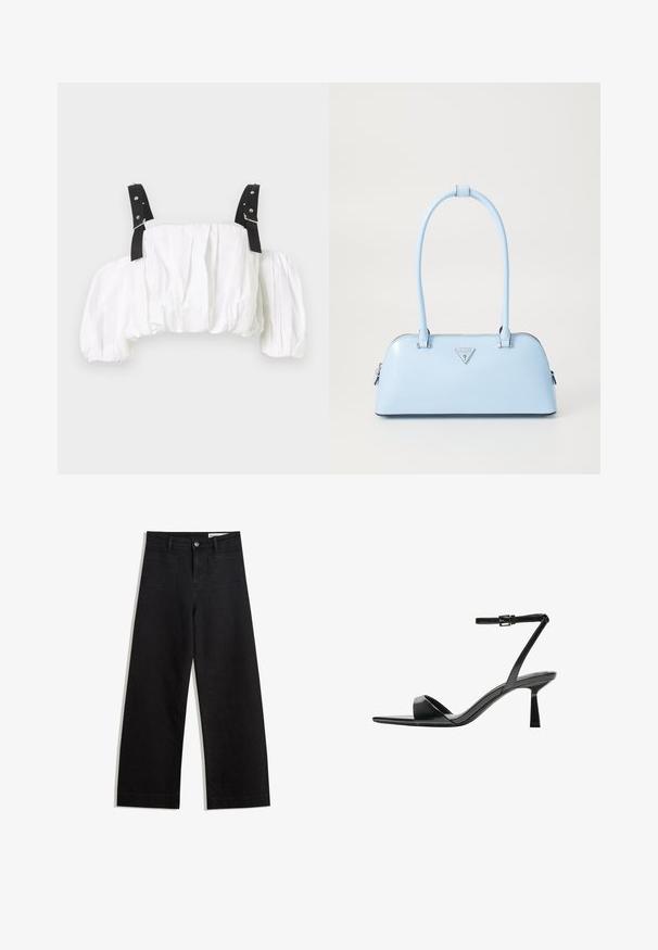 Top scurt alb dintr-un material texturat, cu mâneci puff prinse și curele negre cu accente din metal argintiu.; Pantaloni din denim negri cu picioare largi, cu talie înaltă, având buzunare frontale și posterioare, cusături dublate și închidere cu nasture. Textură netedă.; Bershka Sandale cu toc - black; Geantă de mână bleu deschis, cu o formă structurată, din piele netedă, două mânere și un logo de brand triunghiular pe față. Închidere cu fermoar.