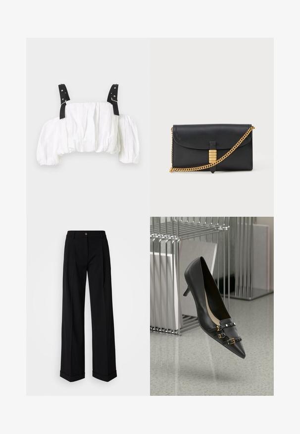 Hvit cropped topp laget av teksturert stoff, med samlet pufferm og svarte stropper med sølvfarge detaljer.; Sorte vide bukser med et glat stof, der har en frontknap lukning og to forknyttede detaljer. Hribben er cuffed. Minimalistisk design.; Sorte lærhælskos med spids tå, som har to stropdetaljer med guldspænder og sorte nitter. Glat tekstur og elegant design.; Svart skinnkoffert med brett-flap, gullkjedehank og dekorativt gullakcent med hevede bokstaver, glatt tekstur.