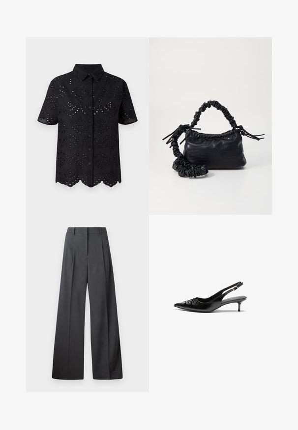 Camisa preta de manga curta com bordado de ilhós e bainha recortada, além de fechamento por botões. Tecido leve com um padrão texturizado.; Calças de perna larga em tecido cinza escuro, apresentando uma cintura alta, pregas simples e uma textura suave com um acabamento limpo nas bainhas.; Sapatos de salto alto slingback em couro preto com bico fino, pequeno salto kitten e um detalhe decorativo em forma de nó na parte da frente. Textura suave em toda a parte.; Bolsa de mão em couro sintético preto com textura de crocodilo, topo franzido e alça enrugada. Apresenta um design suave e compacto.