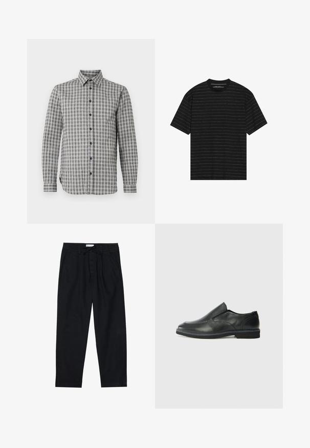 Men's long-sleeve shirt in gray with a checked pattern, featuring a button-down collar and black buttons, made from soft fabric.; Black short-sleeve t-shirt featuring thin white horizontal stripes. Made from soft fabric with a crew neckline and relaxed fit.; Pier One Chinos - black; Black leather slip-on shoe with a smooth upper, stitched accents, rounded toe, and a low rubber heel. Sole features minimal tread.