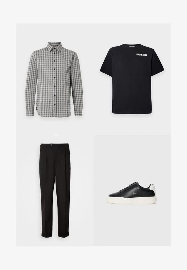 Cămașă bărbătească cu mânecă lungă, de culoare gri, cu un model în carouri, având guler cu nasturi și nasturi negri, fabricată dintr-un material moale.; Tricou din bumbac negru, cu guler rotund, mâneci scurte și un logo alb „CALVIN KLEIN” imprimat în partea stângă sus.; Pantaloni negri cu o textură netedă, având un croi drept, două buzunare frontale și un singur sistem de închidere cu un nasture la talie.; Adidași din piele neagră cu talpă din cauciuc alb. Prezintă vârf rotund, design cu șireturi și detalii cu logo pe lateral. Accentele din spate sunt albe.