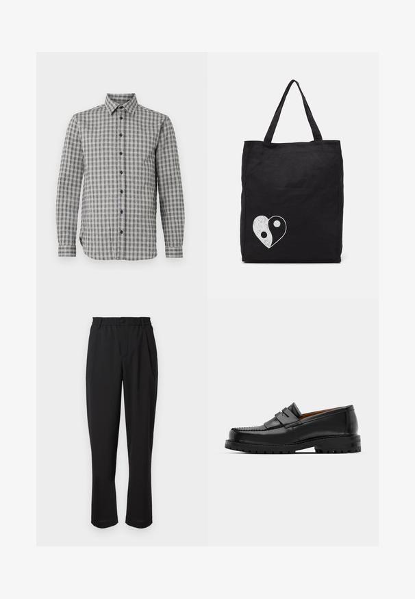 Herreskjorte med lange ærmer i grå med ternet mønster, der har krave med knapper og sorte knapper, lavet af blødt stof.; Sorte bukser med elastisk liv, knaplukning og lige ben-design. Glat stof, ingen synlige mønstre eller accenter.; Sorte læder loafers har en forhøjet søm, to dekorative remme på overdelen og en tyk struktureret sål for bedre greb.; Sort totebag lavet af canvas, med et hvidt yin-yang hjerte grafik. To robuste håndtag for nem transport. Enkel rektangulær design.