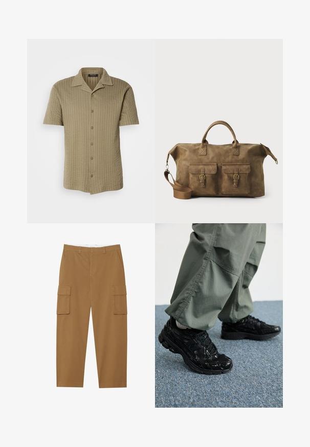 Korte mouwen, overhemden met kraag in lichtbruin met een gestructureerd, geribbeld patroon en knoopsluiting aan de voorkant.; Bruine cargobroek met twee zijzakken, een vlakke voorkant en een rechte pijp. Gemaakt van een duurzame stof met een gladde textuur.; Zwarte sport sneakers met glanzende en mesh texturen, voorzien van een dikke zool en veters, gecombineerd met losse olijfgroene cargobroeken.; Bruine leren weekendtas met twee voorzakken, verstelbare schouderband, gouden hardware en stevige handvatten aan de bovenkant. Strakke textuur.
