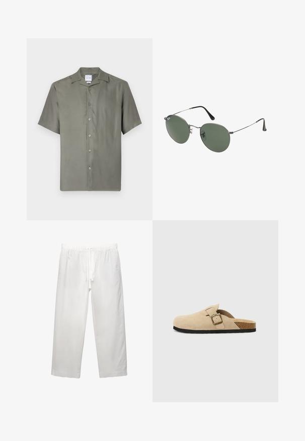 Kurzärmliges Hemd aus gedämpftem olivgrünem Stoff. Verfügt über einen klassischen Kragen, sieben Frontknöpfe und eine lockere Passform. Glatte Textur.; Weißes Baumwoll-T-Shirt mit kurzen Ärmeln, Rundhalsausschnitt und lässigem Schnitt. Glatte Textur ohne sichtbare Muster oder Akzente.; Weiße Leinenhose mit elastischem Bund und Kordelzug, weitem Bein-Design und sauberen Nähten. Glatte Textur mit lässiger Passform.; Beige Wildleder-Slipper mit einem Korkfußbett, runder Zehenpartie und einem einfachen Riemen mit einer goldfarbigen Schnalle. Gummi-Sohle für besseren Halt.; Metallgestellte Sonnenbrille mit ovalen grünen Gläsern. Dünner silberner Metallrahmen und schwarze Ohrstücke. Minimalistisches Design, keine sichtbaren Logos.