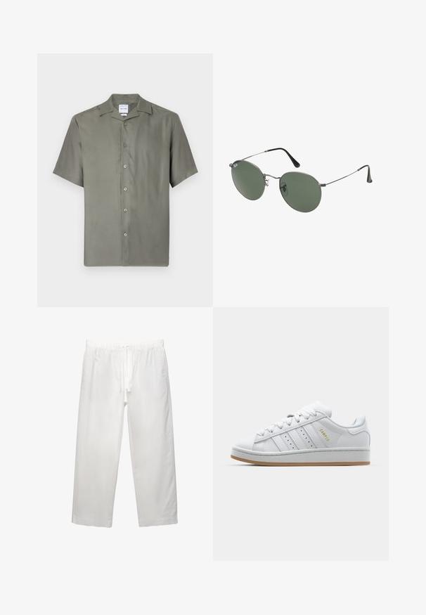Kurzärmliges Hemd aus gedämpftem olivgrünem Stoff. Verfügt über einen klassischen Kragen, sieben Frontknöpfe und eine lockere Passform. Glatte Textur.; Weißes Baumwoll-T-Shirt mit kurzen Ärmeln, Rundhalsausschnitt und lässigem Schnitt. Glatte Textur ohne sichtbare Muster oder Akzente.; Weiße Leinenhose mit elastischem Bund und Kordelzug, weitem Bein-Design und sauberen Nähten. Glatte Textur mit lässiger Passform.; Weiße Sneaker mit durchbrochenem Drei-Streifen-Design, strukturierten Akzenten, einer Gummisohle und dem goldenen "CAMPUS"-Logo an der Seite.; Metallgestellte Sonnenbrille mit ovalen grünen Gläsern. Dünner silberner Metallrahmen und schwarze Ohrstücke. Minimalistisches Design, keine sichtbaren Logos.