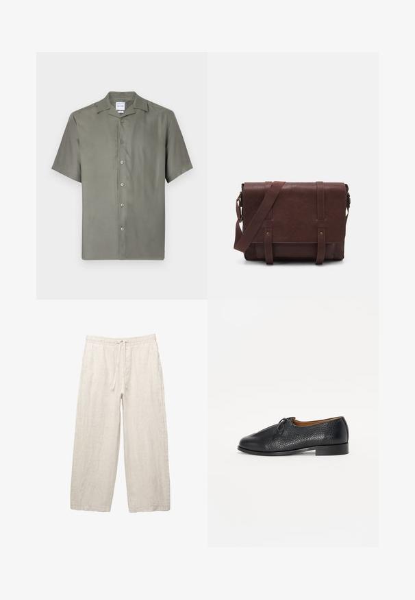 Kurzärmliges Hemd aus gedämpftem olivgrünem Stoff. Verfügt über einen klassischen Kragen, sieben Frontknöpfe und eine lockere Passform. Glatte Textur.; Leinenhosen in hellbeige, mit einem elastischen Bund und Zugkordel, weitem Beinansatz und seitlichen Taschen. Glatte Textur.; Schwarzer Lederschuh mit texturiertem Finish, runder Zehe und einem kleinen Schleifenakzent im oberen Bereich. Verfügt über einen niedrigen, stabilen Absatz.; Braune Leder-Umhängetasche mit einer flachen Vorderklappe, zwei Riemen, goldenen Hardware-Akzenten und einem verstellbaren Schultergurt.