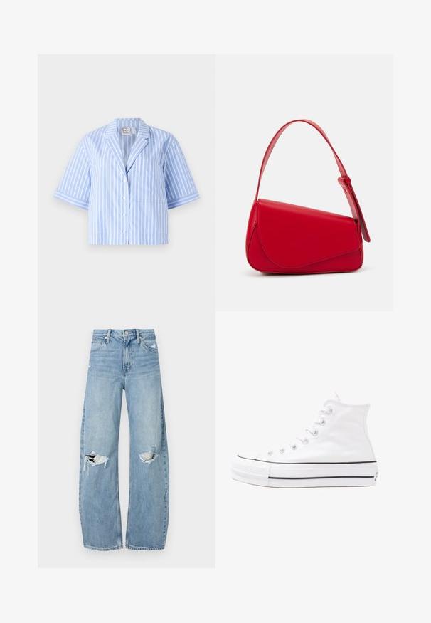 Sinine ja valge triibuline lühikeste varrukatega särk, millel on krae, esikohad, üks tasku ja kontrastsed triibud varrukatel.; Heledad hallideega sinised teksad, millel on kõrge talje. Teksade jalgadel on lai alus, kaks rebitud kohta põlvede ümber ning klassikaline viie tasku stiil.; Valge kõrgem kangast tenniseking, millel on must kummist tald, ees kummist varvasetugi ja kuus aukku paelte jaoks, pakkudes puhta ja minimalistliku disaini.; Punane nahast käekott, millel on nurkadega geomeetriline disain. Omab ühte reguleeritavat rihma ja klappidega sulgemist, millel on õmblustega kaunistused.