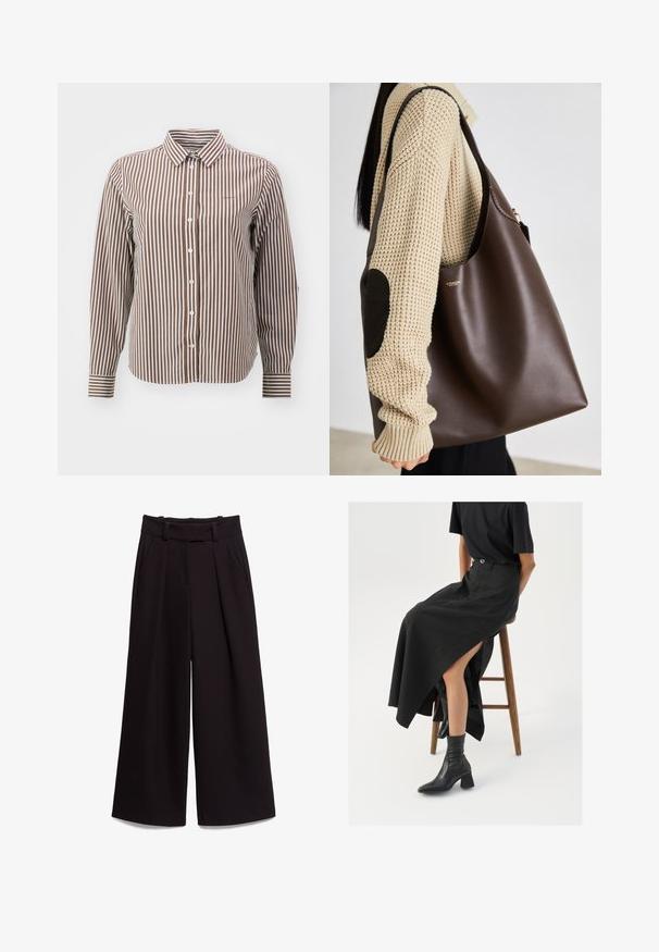 GANT STRIPED - Overhemdblouse - braun weiß; Zwarte wijde broek van soepel materiaal, met een hoge taille, riemlussen en twee voorzakken. Geplooide ontwerpen voegen textuur toe.; Zwarte linnen maxi rok met een hoge split, gedragen met een zwart T-shirt en zwarte enkellaarsjes. Minimalistisch ontwerp met een relaxte pasvorm.; Bruine leren tote bag met een ruime indeling. Kenmerkt zich door een gladde textuur en een subtiele gouden logo. Gekoeld met een crèmekleurige gebreide trui.