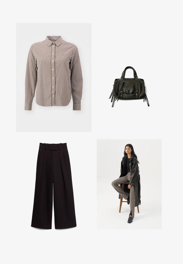 GANT STRIPED - Cămașă - braun weiß; Pantaloni negri cu pantaloni largi dintr-un material neted, având talie înaltă, bucle pentru curea și două buzunare frontale. Designul pliat adaugă textură.; Palton lung din piele neagră cu butoane și detalii cu brâu, purtat cu pantaloni mulați de culoare maro deschis și mocasini negri, așezat pe un scaun din lemn.; Geantă din piele neagră, cu mânere împletite, buzunar cu fermoar și ciucuri suspendați. Suprafață texturată cu capse metalice și accente din metal.