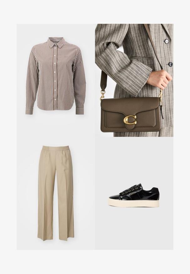 GANT STRIPED - Button-down blouse - braun weiß; Beige wide-leg trousers made of soft fabric; features an elastic waistband with gathered detail; minimalistic design without pockets.; Black patent leather sneakers with a flat cream sole. Features black laces, gold eyelets, and logo detail on the side. Rounded toe design.; COACH TABBY SHOULDER BAG 26 - Handbag - dark stone