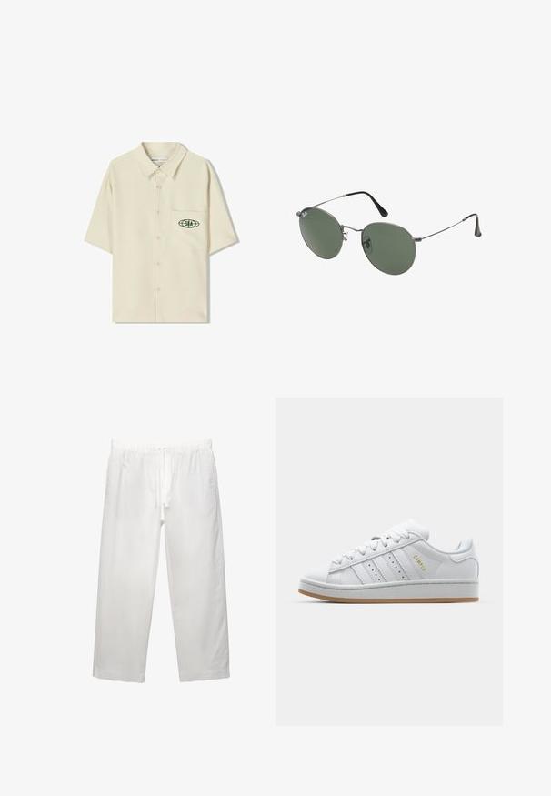 Korte mouwen, beige knoopdoorhalende shirt met een kraag, voorzien van een groen logo op de linkse borstzak. Soepele, lichte stof.; Witte katoenen t-shirt met korte mouwen, ronde hals en een relaxed fit. Gladde textuur zonder zichtbare patronen of accenten.; Witte linnen broeken met een elastische tailleband met koord, een wijd been ontwerp en schone naden. Glad textuur met een casual pasvorm.; Witte sneaker met geperforeerd design met drie strepen, gestructureerde accenten, een rubberen zool en het "CAMPUS" logo in het goud aan de zijkant.; Metalen zonnebril met ovale groene lenzen. Dunne zilveren metalen rand en zwarte oorstoppers. Minimalistisch ontwerp, zonder zichtbare logo's.