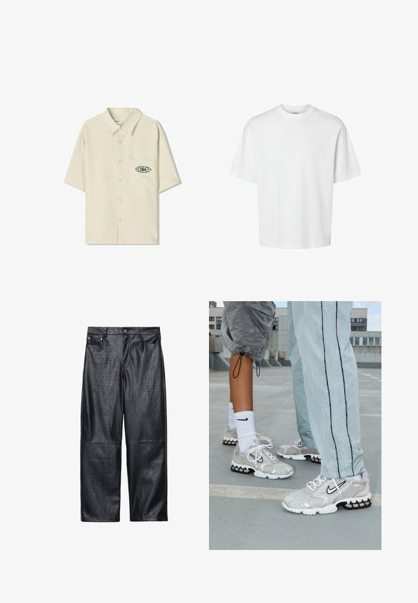 Korte mouwen, beige knoopdoorhalende shirt met een kraag, voorzien van een groen logo op de linkse borstzak. Soepele, lichte stof.; Witte katoenen t-shirt met korte mouwen, ronde hals en een relaxed fit. Gladde textuur zonder zichtbare patronen of accenten.; Zwarte neplederen wijde broek met krokodillenstructuur, traditionele vijf-pocketontwerp en details in zilverkleurige knopen en rivets.; Nike sportieve schoenen in een zilveren gaasmateriaal, met witte veters, een zwart swoosh-logo en een zwart-rode luchtkussenzool.