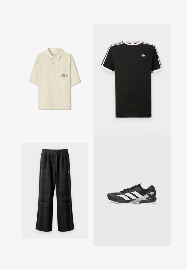 Korte mouwen, beige knoopdoorhalende shirt met een kraag, voorzien van een groen logo op de linkse borstzak. Soepele, lichte stof.; Zwarte T-shirt van katoen met witte accenten. Beschikt over korte mouwen, raglanontwerp en een klein logo op de borst. Drie witte strepen op de schouders.; Zwarte geruite broek met een elastische tailleband, twee voorzakken en een losse pasvorm met een rechte pijpdesign. Gemaakt van lichtgewicht materiaal.; Zwarte sportschoen met witte strepen, bovenwerk van mesh, ronde neus en geveerde zool. Heeft een getextureerde hak en een veilig vetersysteem.