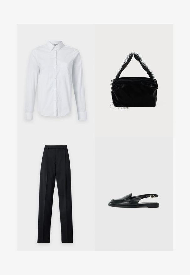 Balta ilgomis rankovėmis marška, pagaminta iš medvilnės. Su mygtukų užtrauktuku priekyje, smailiu apykakle ir krūtine kišene kairėje pusėje.; Juodos kelnės iš lygaus audinio, pasižyminčios aukštu liemeniu, plačiomis kojomis, priekinėmis klostėmis ir klasikiais diržo kilpomis. Šoninių kišenių nematyti.; Juodas odinis slingback tipo batas su apvalia nosimi, plokščiu padu, šoniniu išpjovimu ir dirželiu su auksinės spalvos detalėmis.; Juodas dirbtinės odos rankinė su tekstūruotu paviršiumi, su sidabriniu karoliukų akcentu viršutinėje rankenoje ir grandinine juosta.