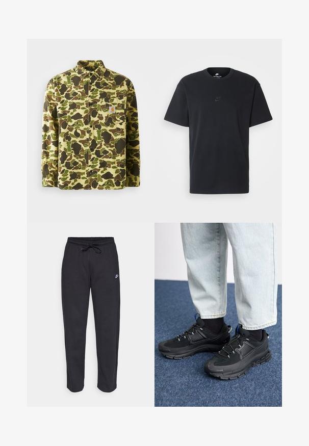 Pamut gombos ing, zöld, barna és sárga árnyalatú kamuflázs mintával, mellzsebkendővel és emblémás címkével.; Fekete pamut póló Nike márkájú, klasszikus, kerek nyakú, rövid ujjú, és letisztult, dombornyomott logóval a mellkason. Simább textúra.; Fekete, puha anyagból készült melegítőnadrág, rugalmas derékkal, húzózsinórral és egy kis Nike logóval a bal combján.; Fekete sportcipők texturált anyaggal és gumitalppal, elasztikus fűzőkkel és kék kiegészítővel a saroknál. Világos farmernadrággal viselve.