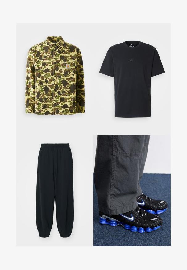 Camicia in cotone con bottoni, caratterizzata da un motivo camouflage nelle tonalità di verde, marrone e giallo, con taschino sul petto e etichetta con il marchio.; T-shirt in cotone nero della Nike con collo rotondo classico, maniche corte e un logo in rilievo discreto sul petto. Texture liscia.; Pantaloni da jogging neri con vita elasticizzata, dalla vestibilità morbida, caviglie a costina, texture liscia e senza motivi visibili o dettagli in metallo.; Scarpe sportive nere con dettagli blu e argentati, caratterizzate da una tomaia testurizzata, un design audace della suola e un sistema di allacciatura. Posizionate su un tappeto blu.