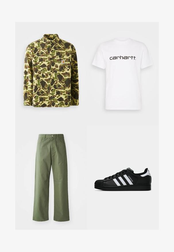 Bombažna srajca s polnima gumboma, ki prikazuje kamuflažni vzorec v zelenih, rjavih in rumenih odtenkih, z žepom na prsih in blagovno oznako.; Bela bombažna majica s kratkimi rokavi in krožnim izrezom. Ponaša se z velikim temno rjavim logotipom "carhartt" čez prsa.; Olive zelene široke hlače iz bombaža. Imajo zanke za pas, sprednje zapiranje na gumb in stranske žepke. Gladka tekstura.; Črne superge Adidas Superstar z belimi črtami, zaščitnim pokrovom na prstih in napisom "Superstar" na strani, prikazane v bočnem profilu na beli podlagi.