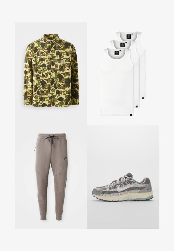 Klassisk button-up skjorte lavet af bomuld med et camouflage-mønster i grønne, brune og gule nuancer, med en brystlomme og et brandet mærke.; Tre hvide ribbede tanktops lavet af bomuld. Har en rund hals og små sorte mærker nær sømmen. Fås i flere størrelser.; Grå Nike joggingbukser med snoretræk i taljen, tapered ben, sidelommer og markante sømdetaljer. Blødt, struktureret stof.; Grå sportssko med overdel i mesh og ruskind, hvide accenter, en polstret sål og et særpræget design med reflekterende elementer.