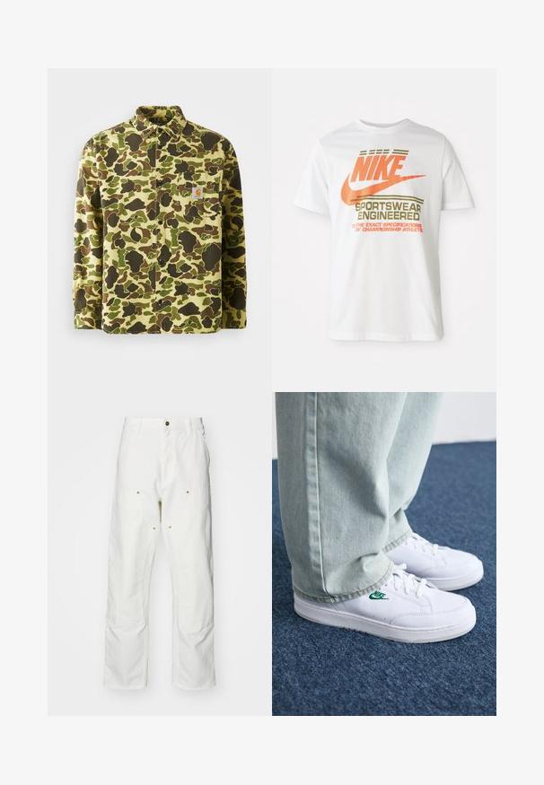 Bomullsskjorta med knappar i camouflage-mönster i gröna, bruna och gula nyanser, med en bröstficka och ett märkesetikett.; Vit bomull t-shirt med en stor orange "NIKE"-logotyp och grön text som säger "SPORTSWEAR ENGINEERED" samt ytterligare specifikationer.; Vita bomullscargo Byxor med en avslappnad passform. Funktioner inkluderar framfickor, guld Accentdetaljer och förstärkta knäsektioner.; Vita lädersneakers med grön Nike-logga, rund tå, platt sula, kombinerade med ljusblå denimbyxor, visade på en blå matta.