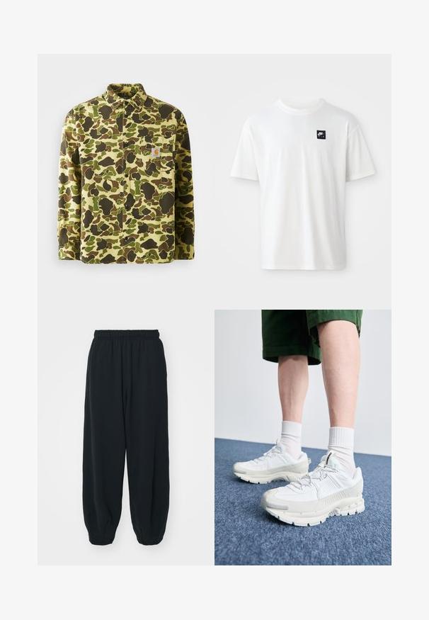 Kokvilnas pogājama krekls ar kamuflāžas rakstu zaļās, brūnās un dzeltenās krāsās, ar krūšu kabatu un zīmola birku.; Balta kokvilnas T-kreklu ar īsām piedurknēm un apaļu kaklu; tam ir mazs melns taisnstūra Nike Air logos kreisajā krūtī.; Melnas sporta bikses ar elastīgu jostasvietu, brīvu piegriezumu, aprocēm ap potītēm, gludu tekstūru, un bez redzamām rakstu vai aparatūras akcentiem.; Baltas sporta apavi ar teksturētām detaļām, masīvu zoli un pelēkiem akcentiem. Valkāti ar baltiem zeķu pēdu apģērbiem un zaļām šortiem uz zilas virsmas.